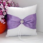 White Wedding Ring Bearer Pillow Purple Ribbon and Diamante Ring Set in the Middle